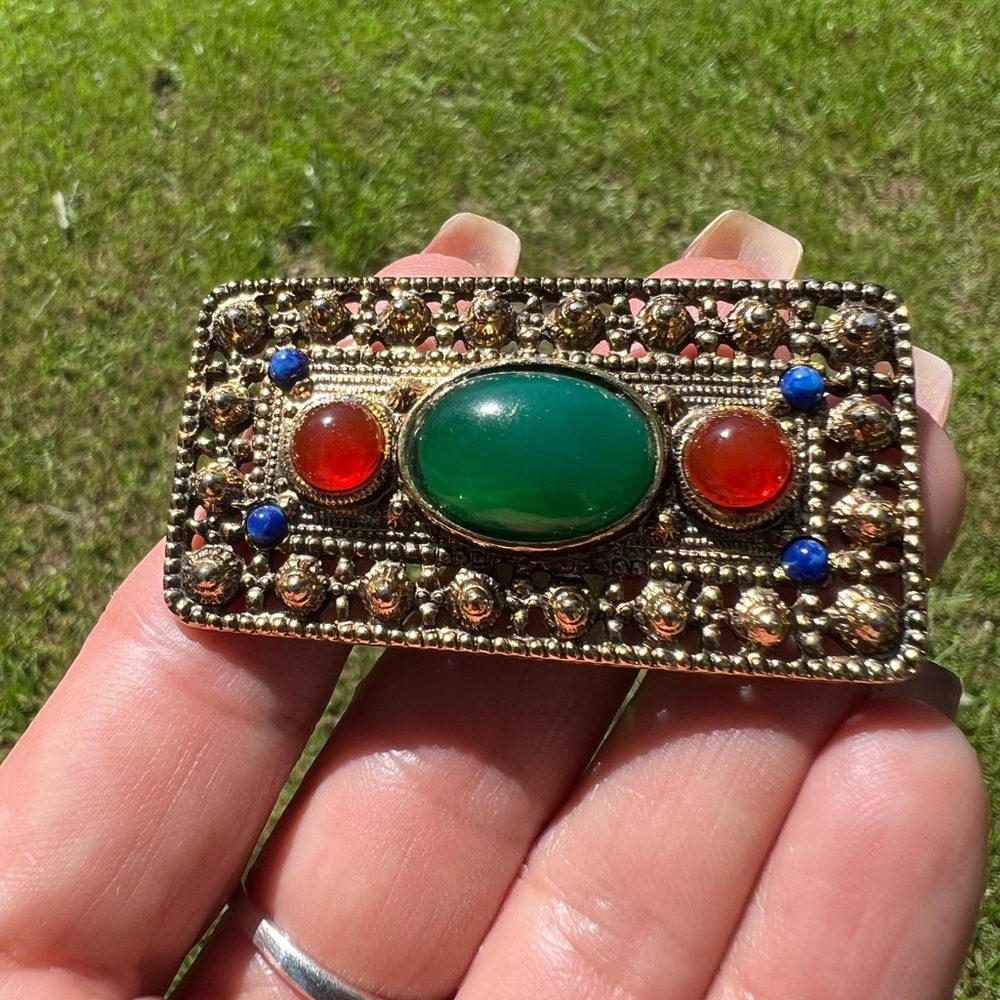 Vintage Ornate & Heavy Gold-tone Faux Jade, Carnelian, & Lapis Costume Brooch